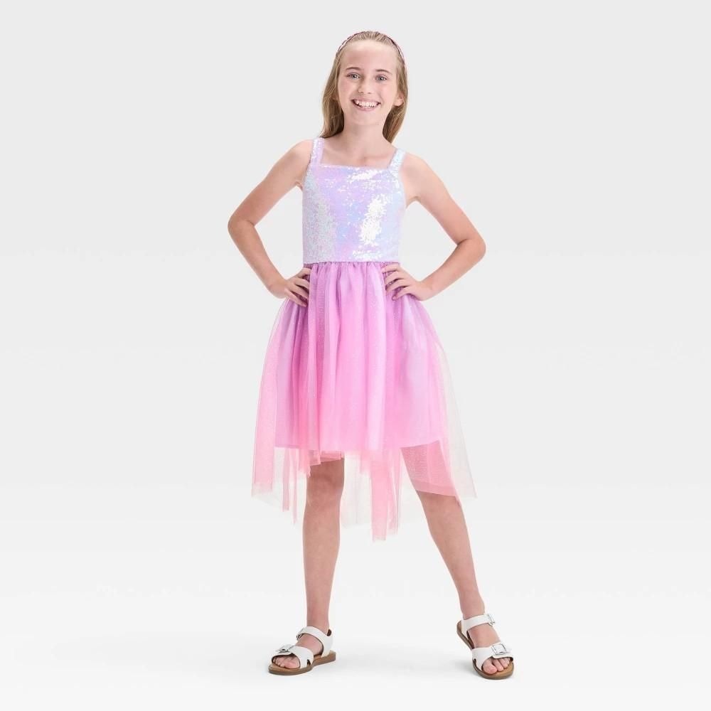 Cat & Jack Girls Ombre Sequin High Low Skirt Dress Coral Pink Large 10 12